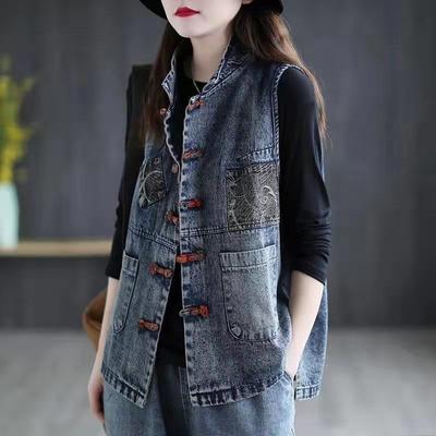 Vintage Denim Vest for Women Loose Fit  Embroidery Button Front Casual Outerwear