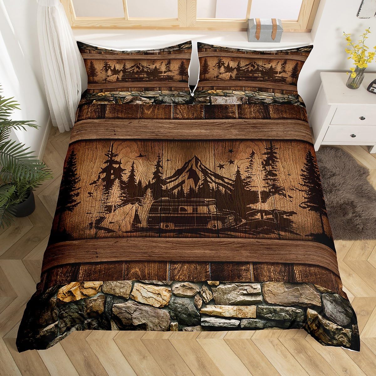 

Wooden Board Duvet Cover Sets for Teens Adults Lightweight Quilt Cover with 2 Pillowcases Farmhouse Style Bedding Sets No Quilt (135x200cm)