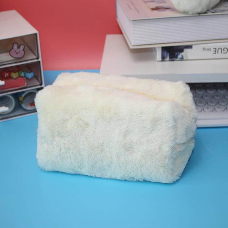 Zipper Large Solid Color Cosmetic Bag Cute Fur Makeup Bag for Women Travel Make Up Toiletry Bag Washing Pouch Plush Pen Pouch