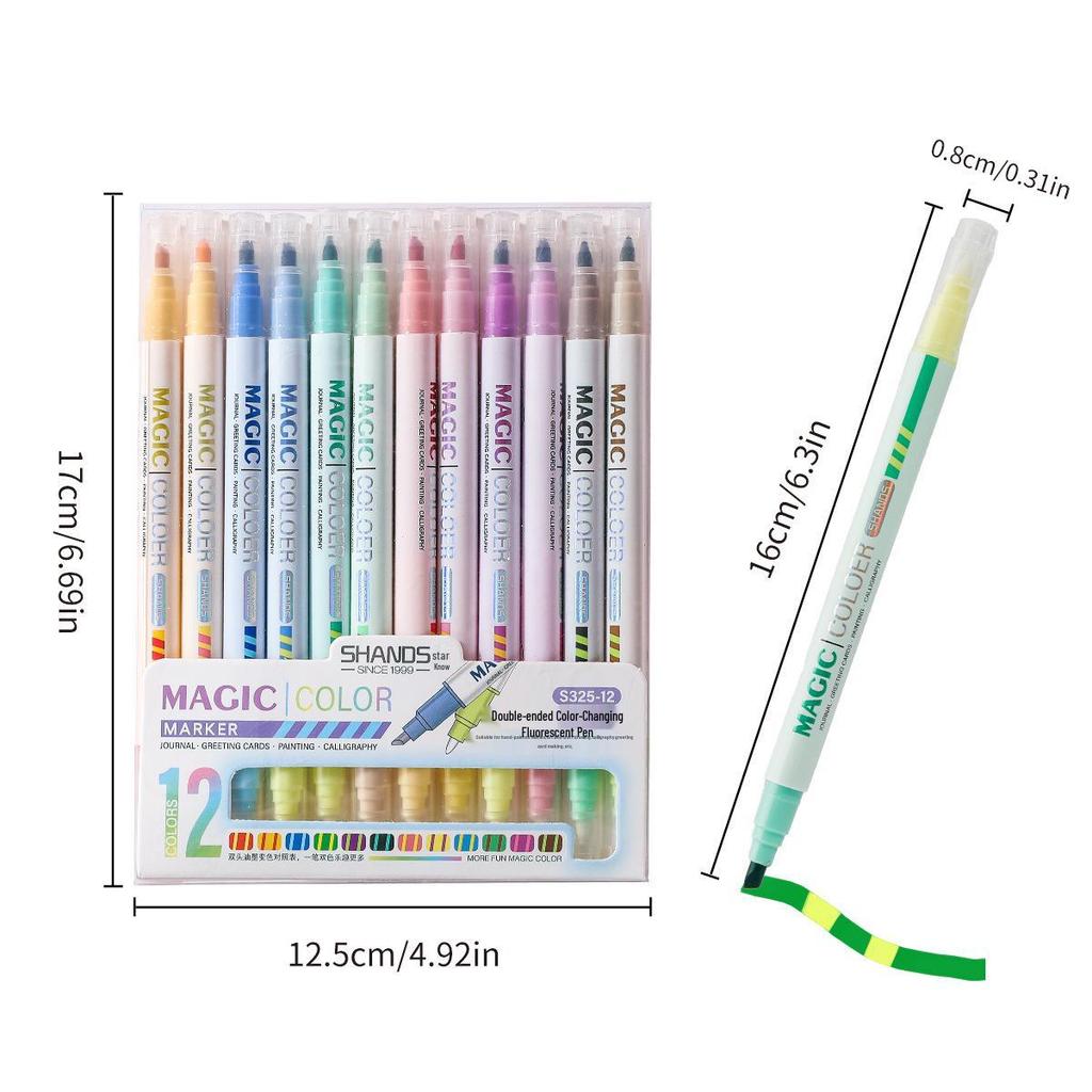 12-Color Double-Ended Fluorescent Pen Set - Color-Changing Highlight & Art Markers for Students