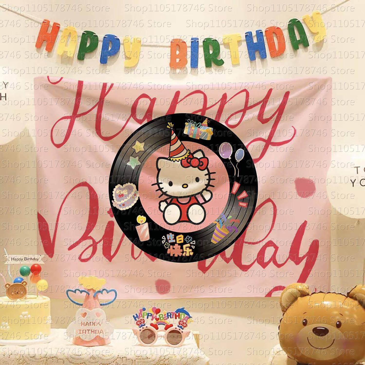 

Kawaii Anime hello Kitty Happy birthday Wall Hanging Tapestry Cute Fashion Bedroom Background Home Decor Original Tapestries 74x94cm(29x37in)