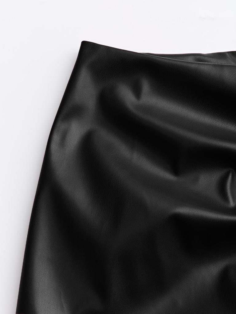 Solid Color PU Leather High Waist Ruched Midi Skirt with Drawstring Slit
