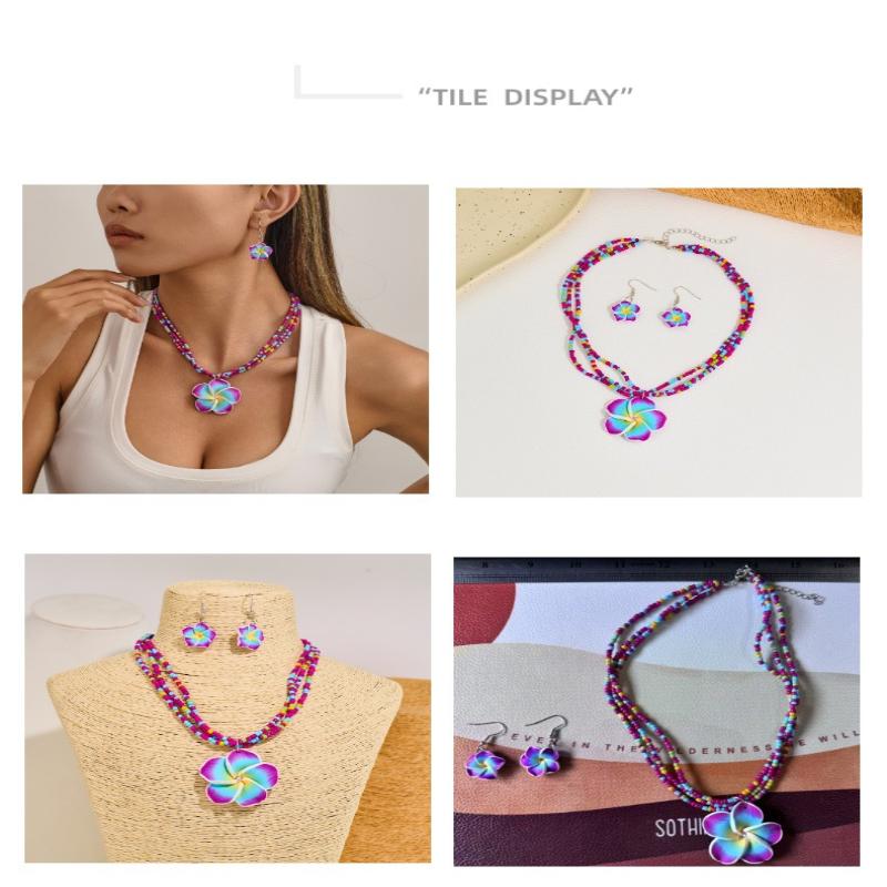 Polymer Clay Flowerwomen Jewelry Set Cute  Seaside Beach Colorful Flower Earrings Girls Sweet Beaded Chain Necklace Girl