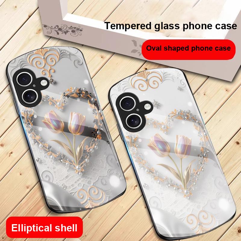 Love's Pink Purple Tulip For iPhone 17 16 15 14 13 Plus 12 Mini 11 Pro Max XR Xs Max X 7 8 6S 22 20 Elliptical Glass Phone Case