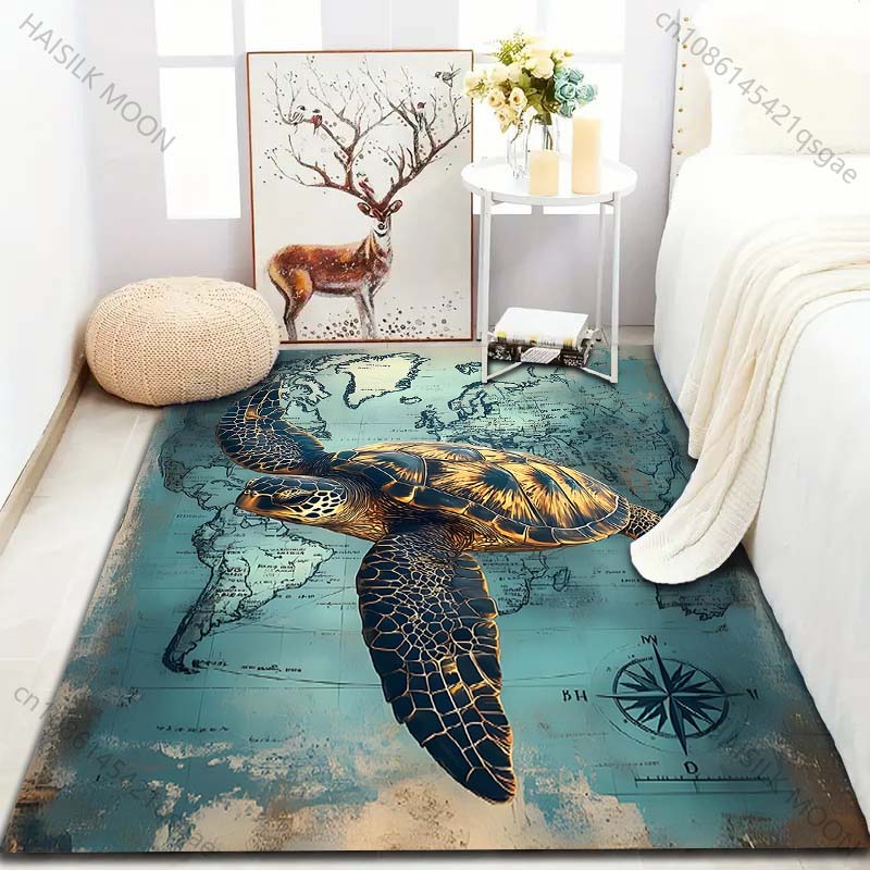 Vintage Turtle Map Print Carpet for Living Room Bedroom Bedside Sofa Floor Mat Modern Home Decor Area Rug Machine Wash