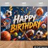 Sports Ball Birthday Banner Backdrop, Soccer, Basketball, Football, Baseball, Tennis, Basketball Hoop, Confetti Streamers, "Happy Birthday"