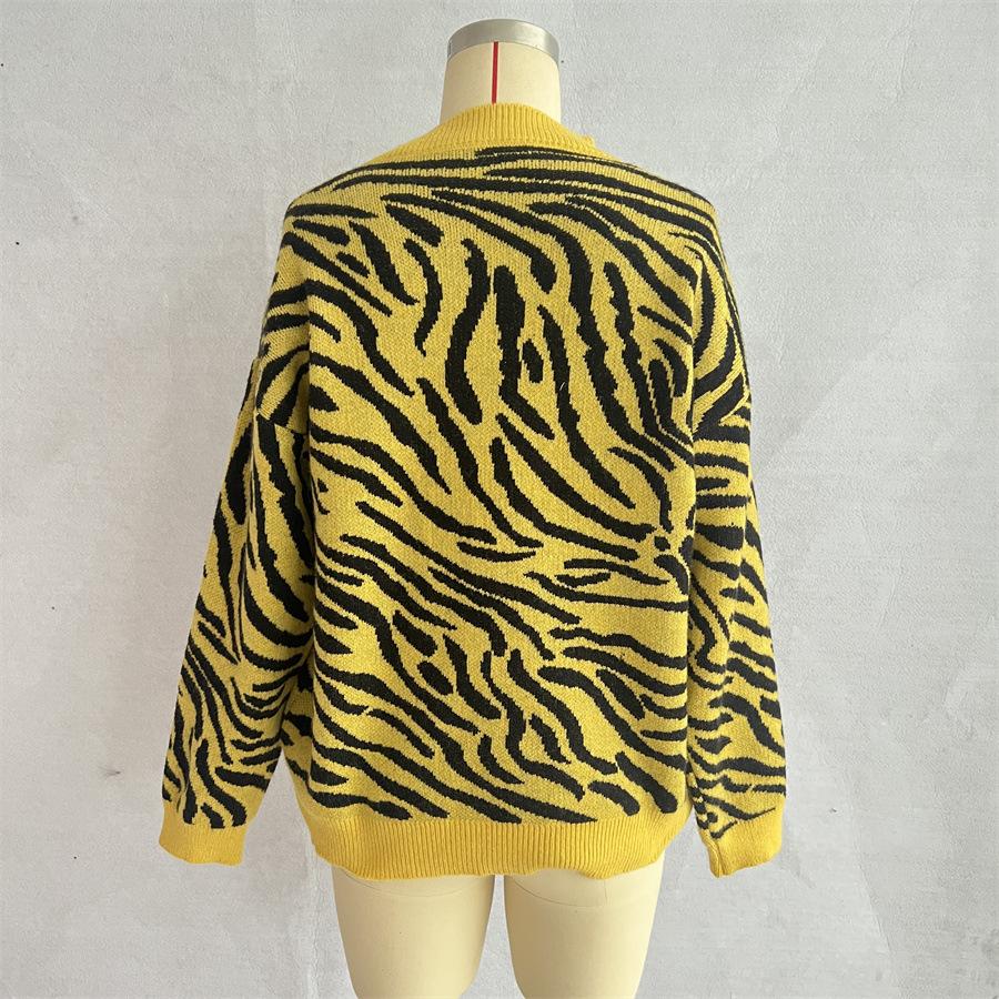Women's new autumn and winter commuting knitted zebra print contrasting pullover sweater KTB