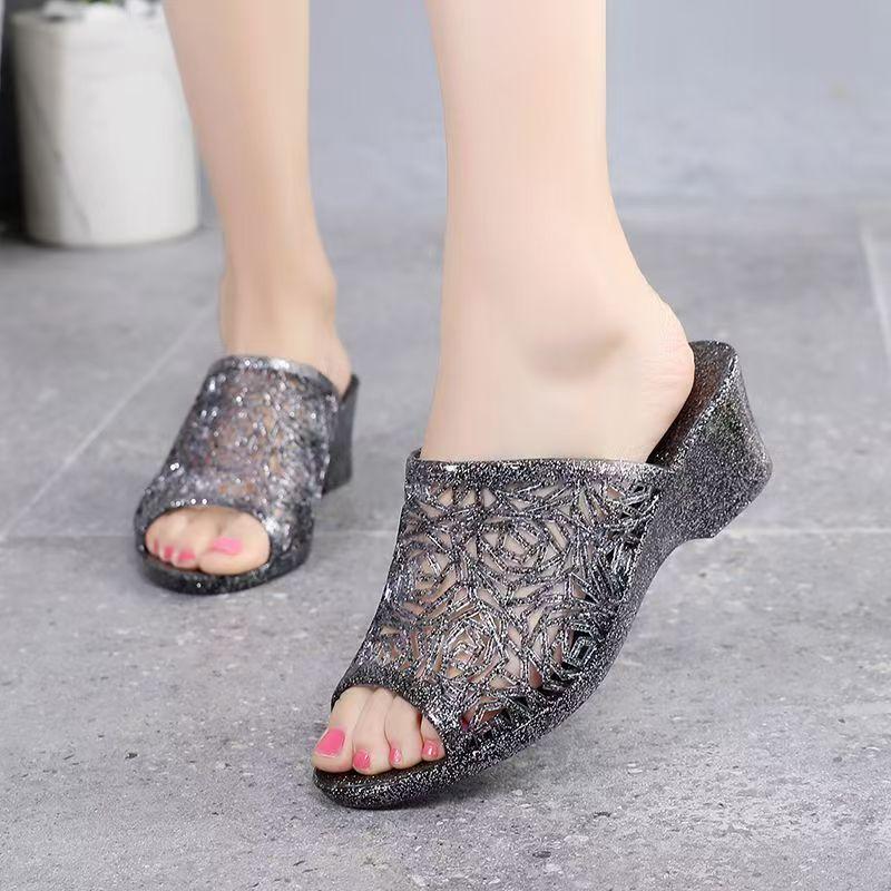 Women's Summer Transparent Crystal Wedges Slippers Soft Sole Non slip Hollow Out Waterproof Peep Toe Slippers Outdoor Slippers