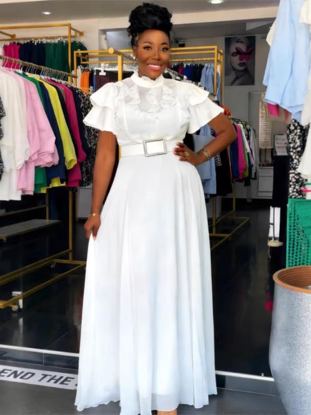 Plus Size Women's Elegant Chiffon A-Line Dress with Stand Collar, Ruffle Bell Sleeves, and Belt