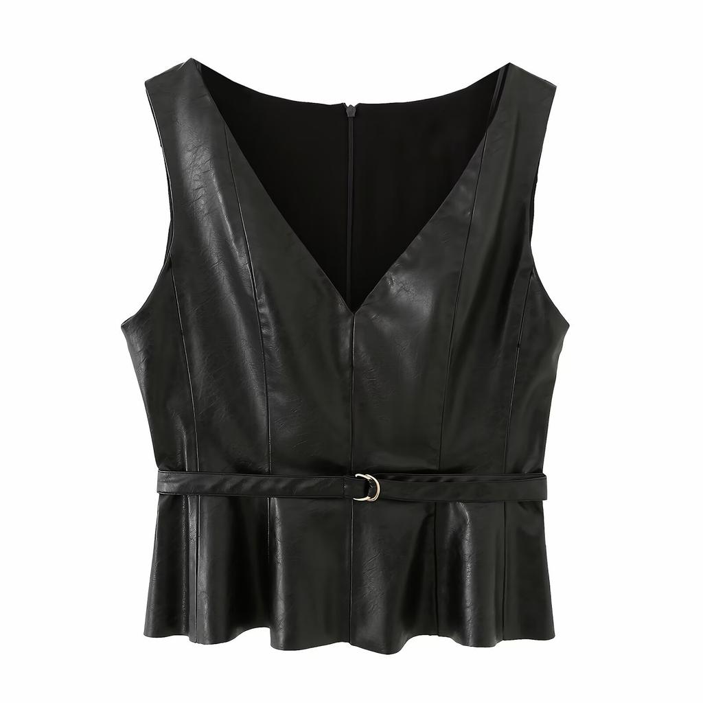 European and American style, new women's clothing, foreign style, fashionable imitation leather effect V-neck sleeveless belt top