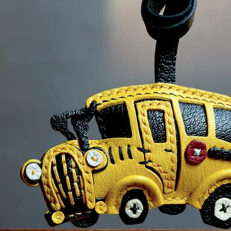 Handmade Leather Keychains School Bus Bag Charm KeyChain KeyRing Creativity, Birthday Gifts