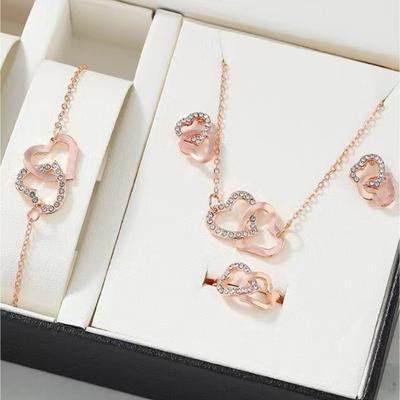 5Pcs/Set Heart Shaped Jewelry Sets Of Ring Earrings Necklace For Women Elegance  Double Heart Jewelry