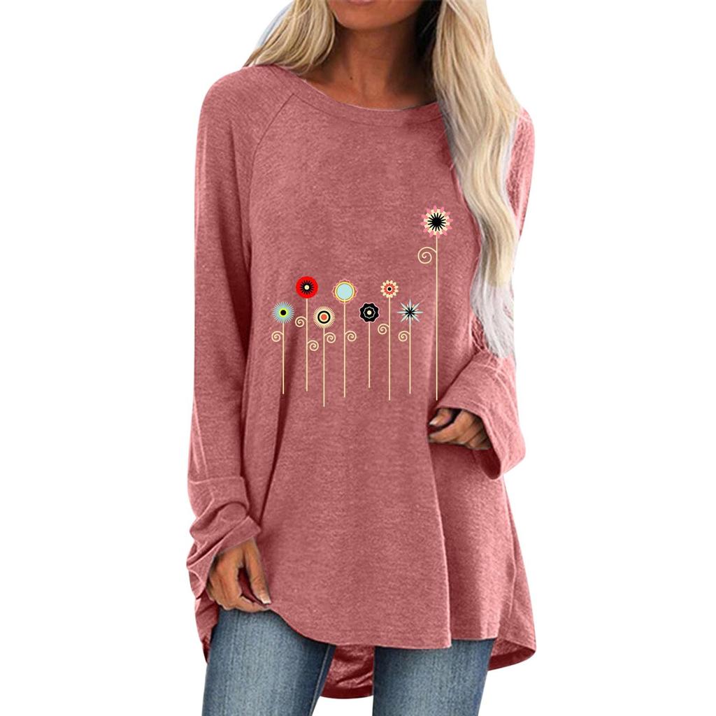 Ladies Flowers Printed Round Neck Long Sleeves Plus Size Cotton Tunic Loose T-Shirt Summer New Casual Fashion Women Clothing