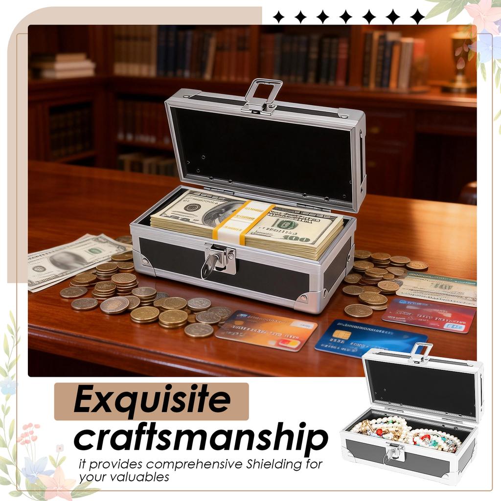 Lockable Cash Box with Key Aluminium Alloy Money Coins Bank Cards Jewelry Storage Box Portable Hidd Mini Safe Locker