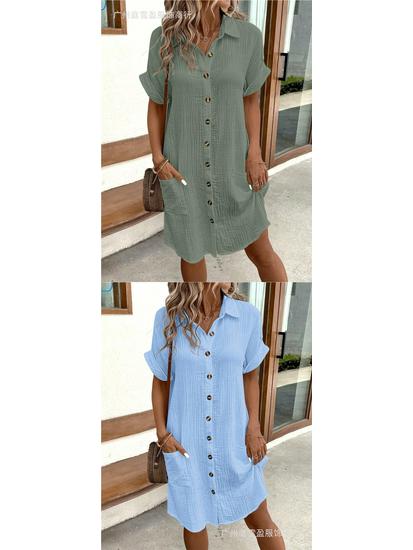 Women's Mid-Length Single-Breasted Short Sleeve Solid Color Casual Dress