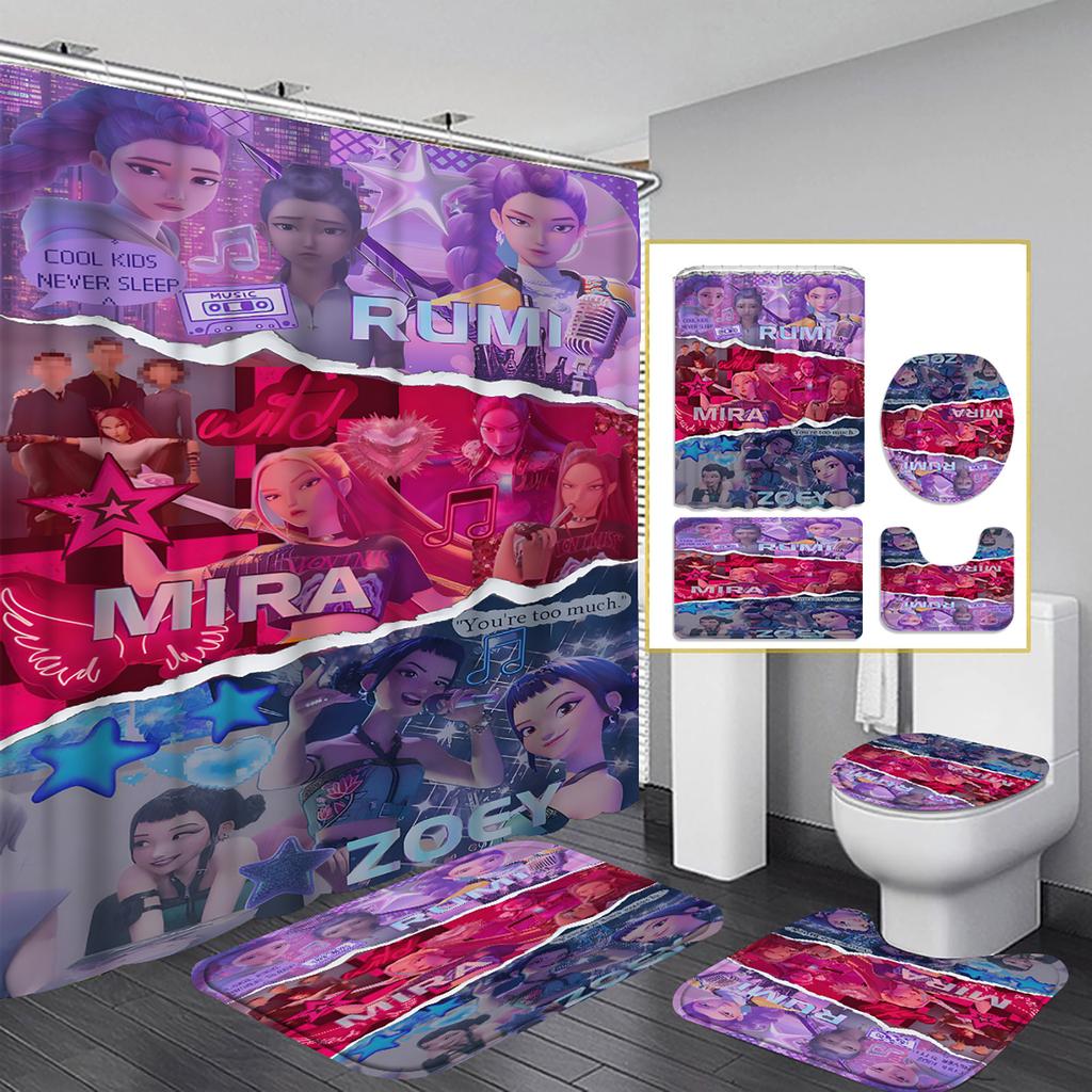 Character Print Bathroom Mat And Shower Curtain 4-Piece Set