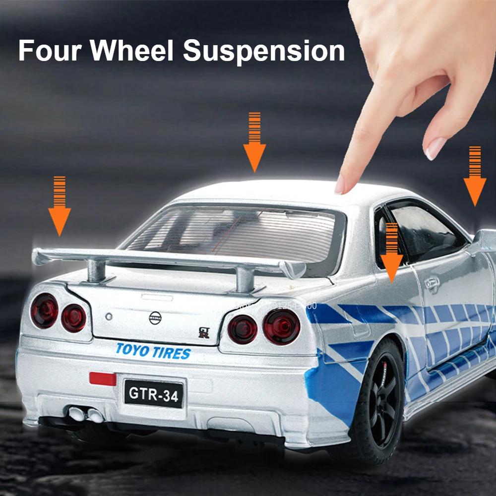 1:32 Scale GTR-R34 R35 Sports Car Model Toy Wheel Steering Alloy Diecast Vehicle Models Sound Light Pull Back Gifts for Kids