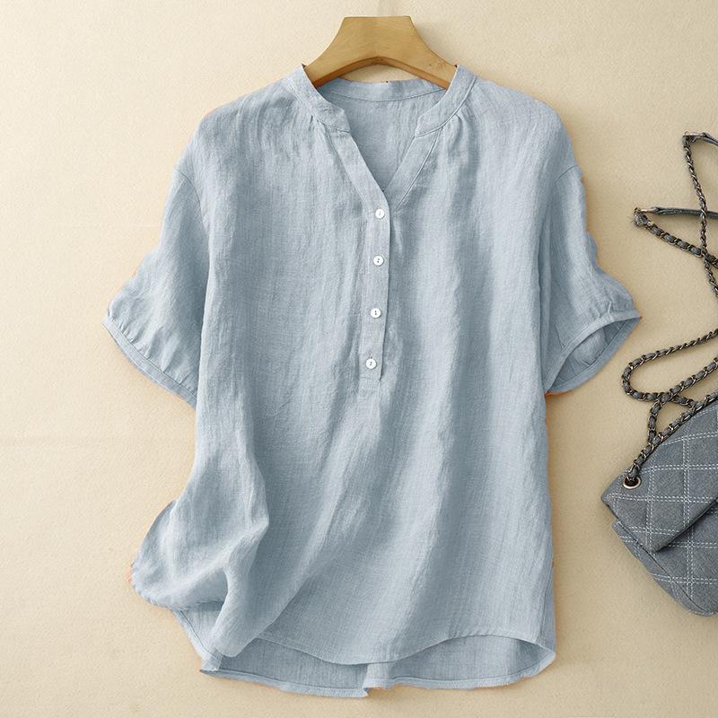 Women S Linen Cotton Blend Short Sleeve Loose Vin M синий