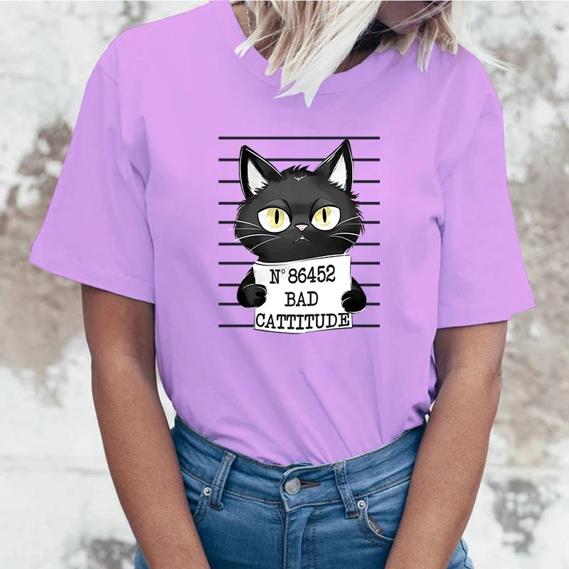 Bad Cattitude Cat T-Shirts For Women Summer Tee Shirt Femme Casual Short Sleeve Round Neck Tops T-Shirts