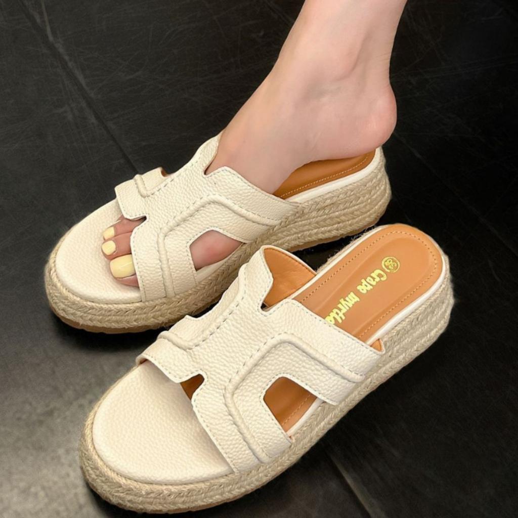 Grape Mom's new summer models increase in height by 6cm~ Literary and retro one-word thick-bottomed wedges woven cool slippers for women's summer wear