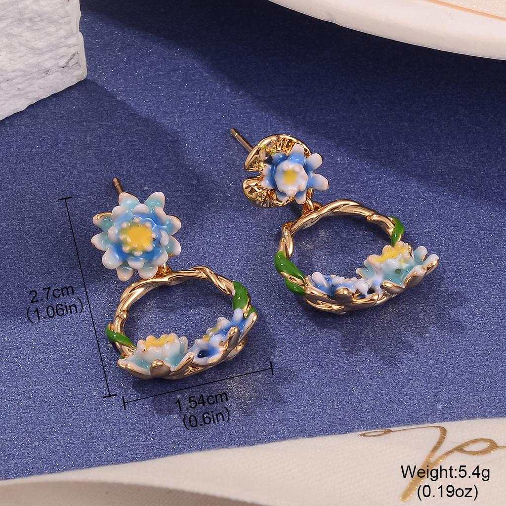 Fresh new Chinese flower stud oil painting style high-end enamel pearl earrings vintage national style tassel earrings women