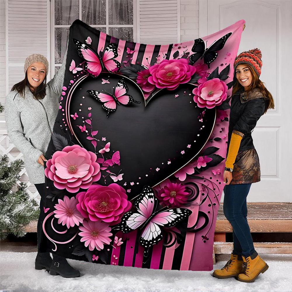 1pc Butterfly Heart Outdoor Blanket - Soft Flannel Cozy for Travel & Camping - All-Season Warm Bed Cover, Machine Washable Yy251229109