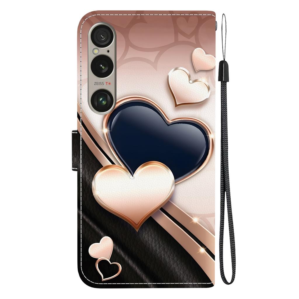 Handmade PU Leather Flip Case for Sony Xperia 1 VI Anti-Slip Shockproof Cover with Wrist Strap & Heart/Rose Cat Designs