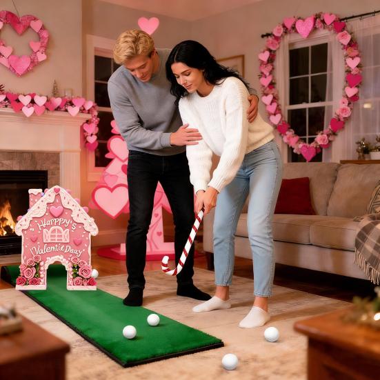 Set de jucării de golf Casă de turtă dulce Joc de putting de Ziua Îndrăgostiților cu crose și mingi cu tematică de inimă Cadou de golf festiv pentru cupluri Distracție în interior și exterior