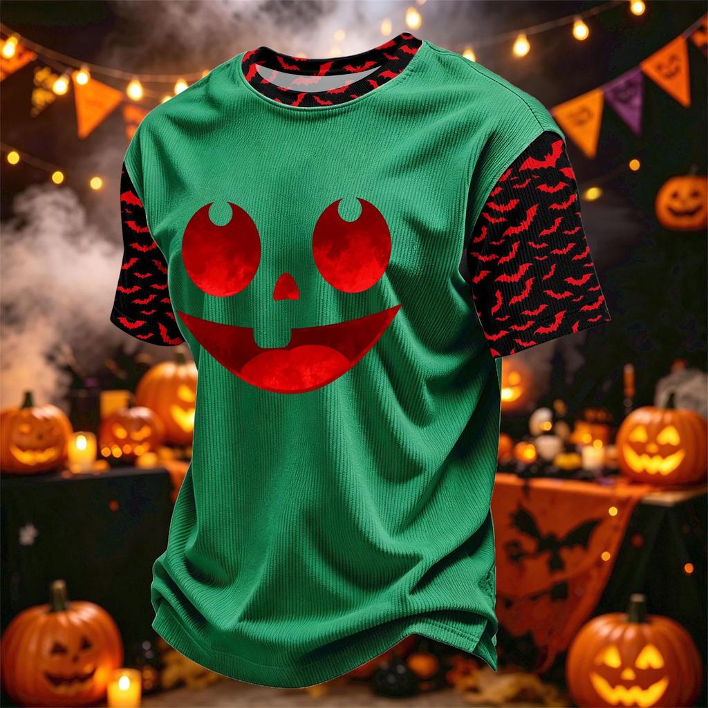 Men's Casual Corduroy Neck Short Sleeve T-Shirt with Halloween or Letter Print