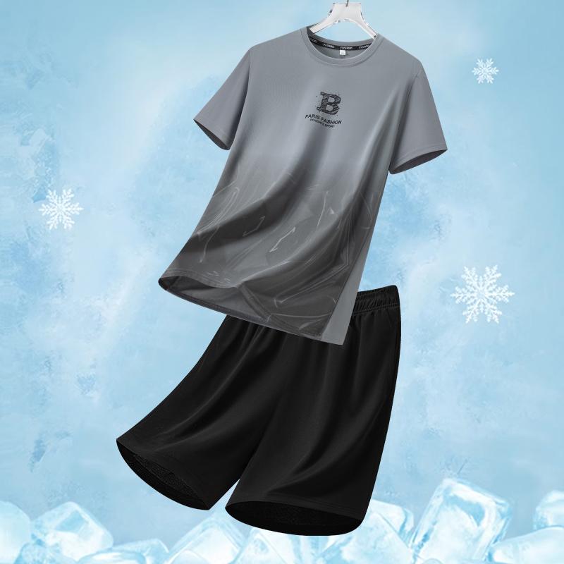 Ensemble de Sport en Soie Glacée pour Homme Été Col Rond Séchage Rapide Manches Courtes Coupe Ample Deux Pièces