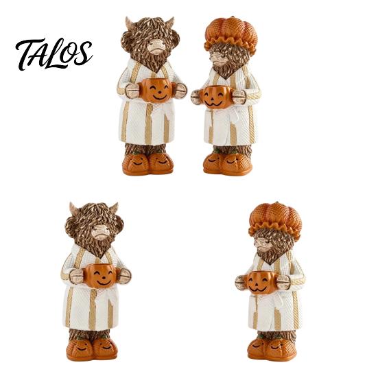Spooky Seasonal Tiered Tray Decor Halloween Highland Cow Figurine, Resin Statue with Pumpkin Mug, Cute Animal Desk Accessories Farmhouse Fall Tabletop