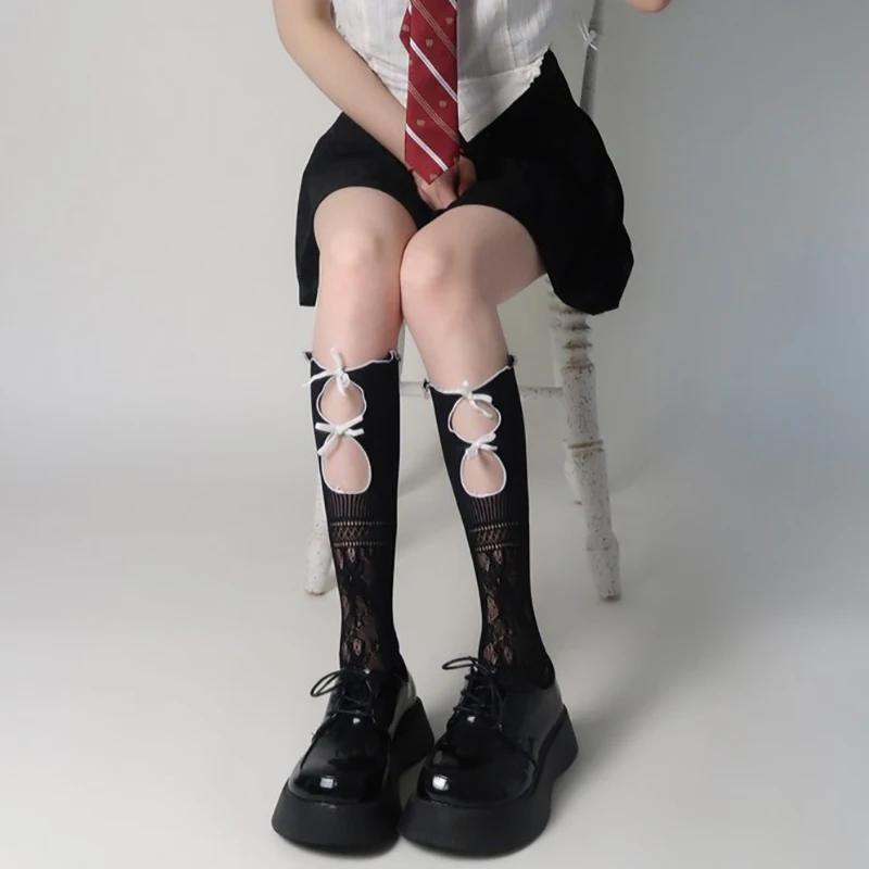 1 Pair Hollow Lace Women Long Stockings Fashionable Versatile Knotted White Lolita Style Comfortable Breathable Casual Socks