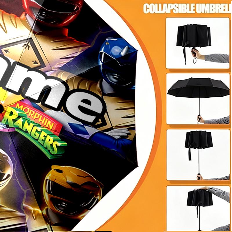 Custom Name Personalized Mighty Morphin Power Rangers Print Umbrella, Auto Open Close, 8‑Rib Sturdy Frame, Commute Camping Hiking Use, Birthday Gift