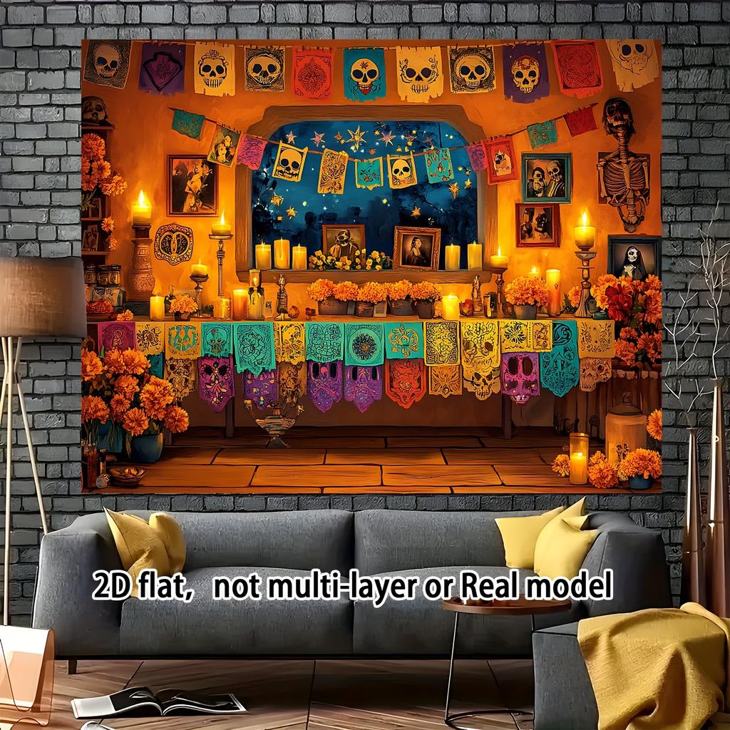 2D Flat Banner 1PC Surreal Folk Art Death Party Day Banner - Vibrant Dia De Los Muertos Polyester Banner, Skulls and Flowers