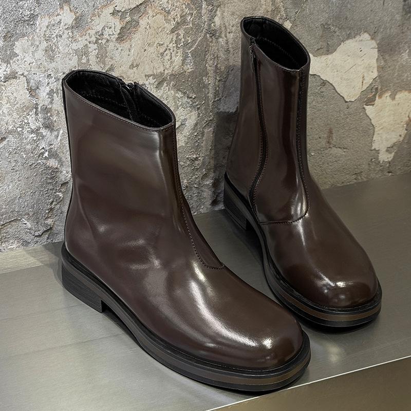 British Style Mens Casual Natural Leather Boots Square Toe Black Brown Shoes Cowboy High Boot Platform Motorcycle Chelsea Botas