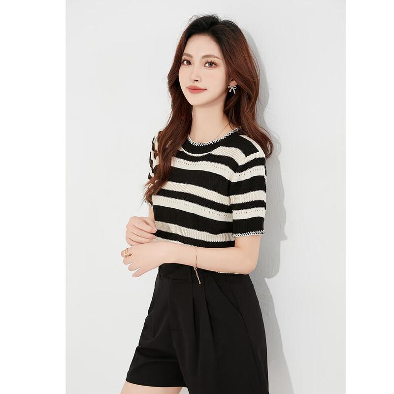 Aiyilian Women's Striped Color Block Knit T-shirt