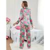 Women's Cute Cartoon Cat Print Satin Pajama Set, Long Sleeve Buttons Lapel Top & Pants, Comfortable Relaxed Fit For Fall