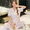 Damen Schlafanzugsets Ruhe Sommer Herbst Pyjama Set Umlegekragen Kunstseide Satin Kurzarm Buchstaben Weiblich Pijama Homewear