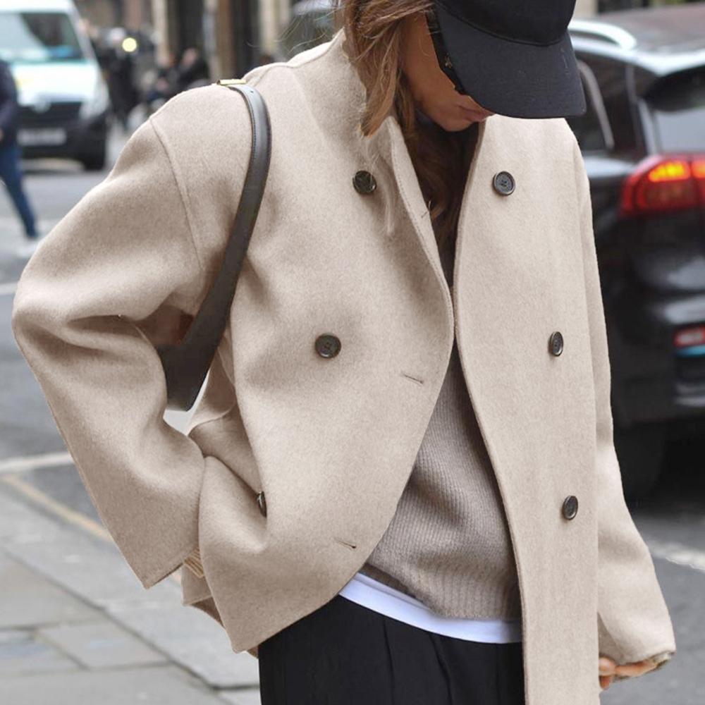 Dámský dvouřadý vlněný kabát jednobarevný ležérní elegantní britský styl všestranný top pro ženy