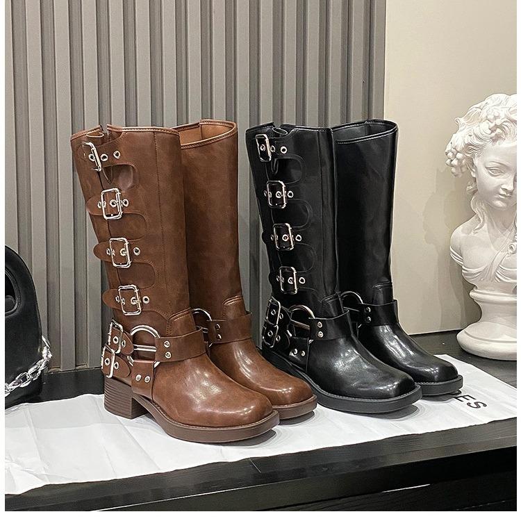 Fashion Women's Platform Motorcycle Boots Buckle Strap Thick-soled Boots Feamle 2025 Fashion Black PU Leather Western Knight Botas Mujer