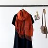 Long Digital Print Cashmere-Like Scarf, Leaf & Orange Design with Tassels, Warm Coffee Color Shawl for Women, Perfect for Spring & Autumn
