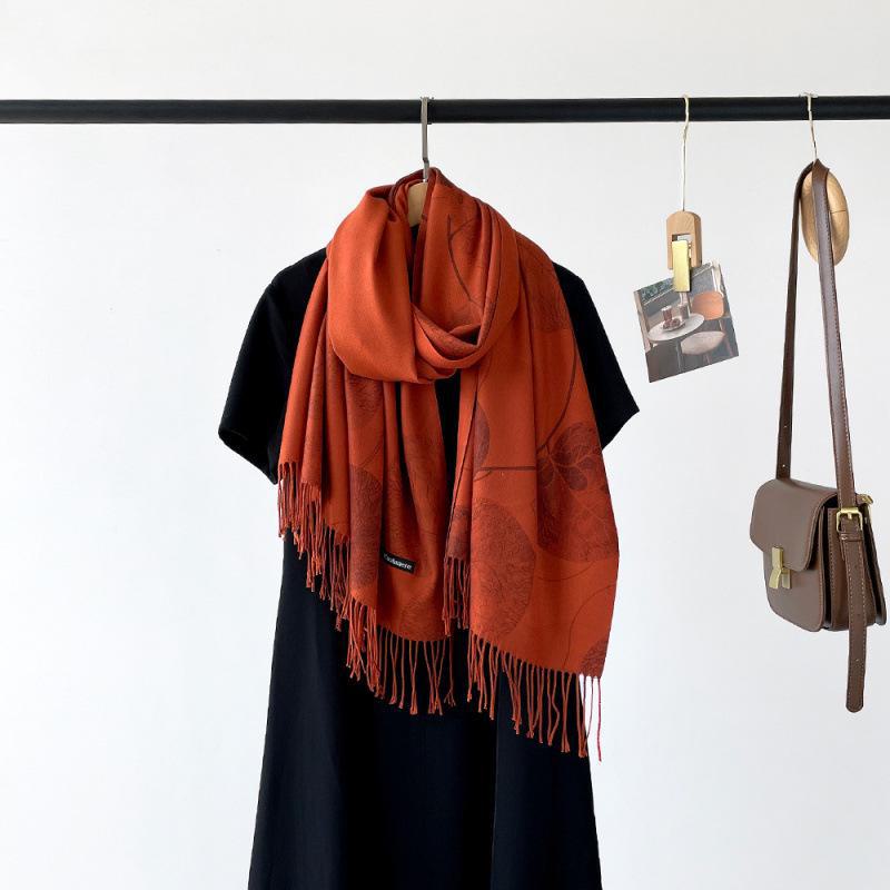 Long Digital Print Cashmere-Like Scarf, Leaf & Orange Design with Tassels, Warm Coffee Color Shawl for Women, Perfect for Spring & Autumn