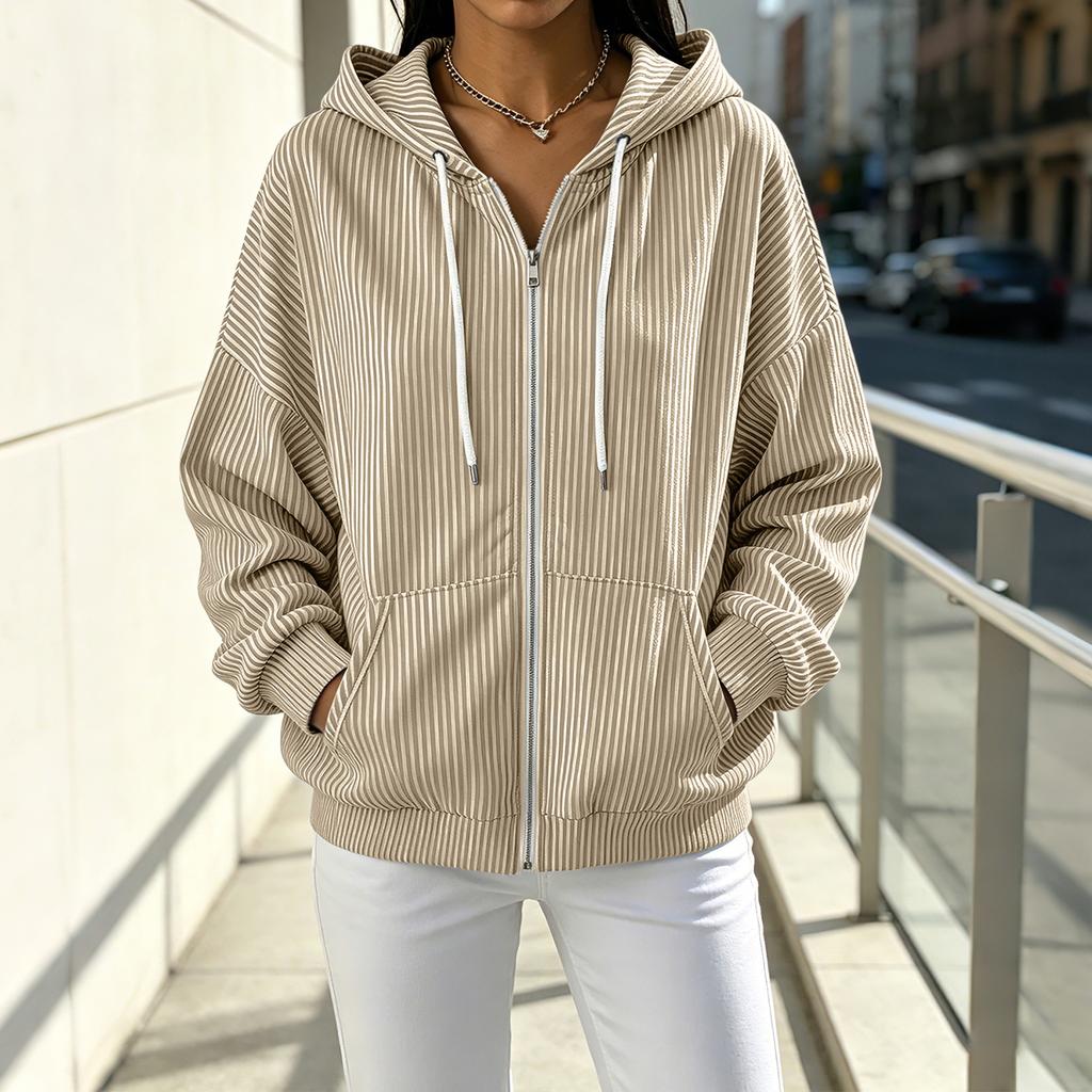 Women's Casual, Loose-Fitting, Striped, -Lined, Hooded Cardigan with Zipper
