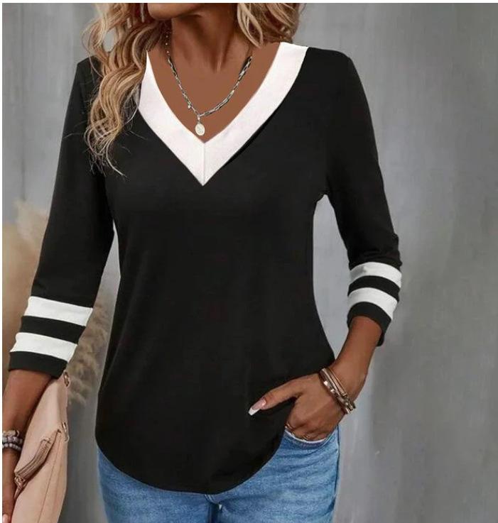 

Women s Color Block V-Neck T-Shirt Casual Long Sleeve Striped Cuff Loose Fit Tops S
