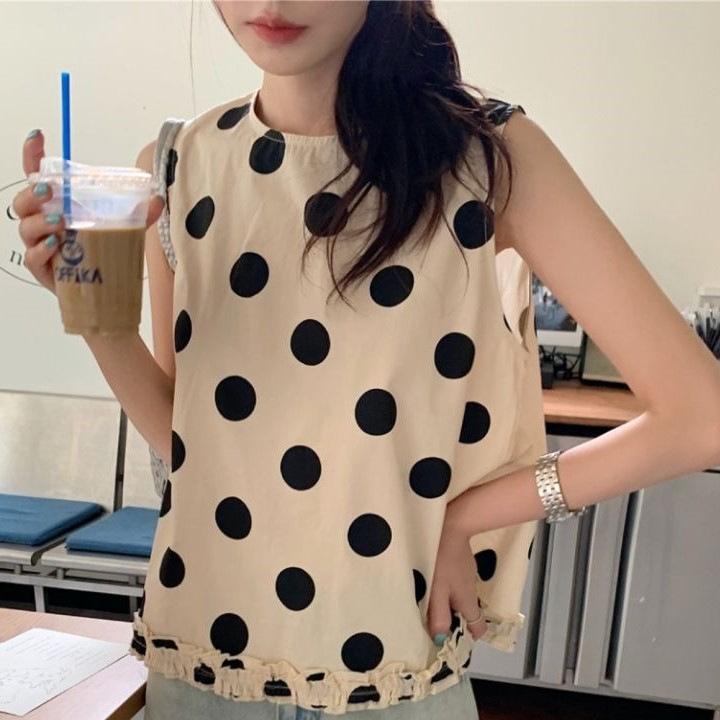 French Temperament Thin Round Neck Vest Women's Summer New Korean Retro Playful Fungus Edge Sleeveless Polka Dot Shirt