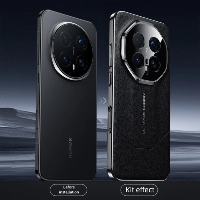 Premium Business Style Vegan Leather Case for Honor Magic 7/8 pro with Plating Frame Camera Lens Holes Cutout Protector
