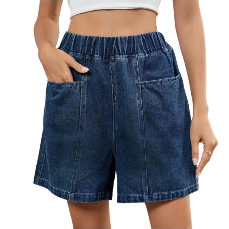 Summer Loose Fit Denim Shorts Women Casual Elastic Waist Wide Leg Jeans Short Pants Two Front Pockets