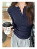 Plus Size Women's Spring/Autumn Long Sleeve Half-Open Neck Slimming Base Layer Top - Korean Style
