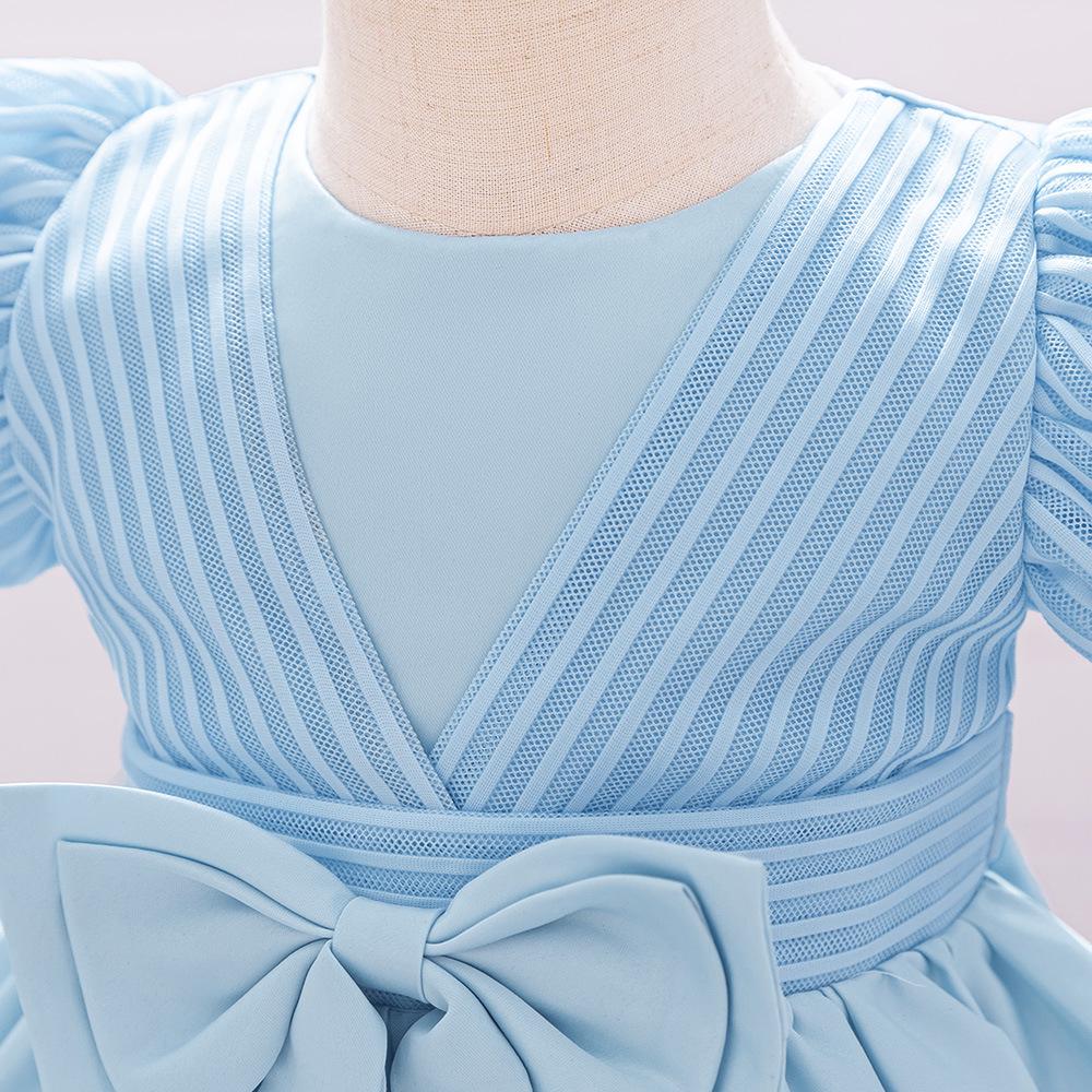 2025 Dívčí kojenecké princeznovské šaty k prvním narozeninám - Saténové s nabíranými rukávy a pruhovaným designem s mašlí