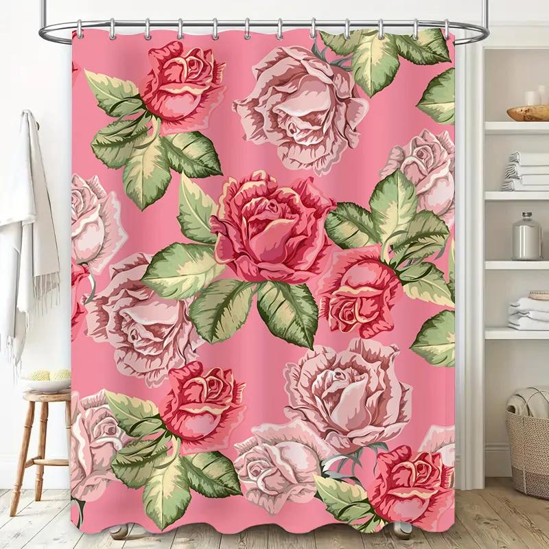 Pink Floral Shower Curtain Rustic Roses Decorative Bathroom Fabric Waterproof Print Bath Mat Cover for Home Decoration